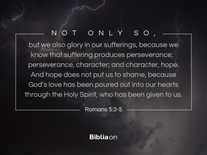 3 Not only so, but we also glory in our sufferings, because we know that suffering produces perseverance; 4 perseverance, character; and character, hope. 5 And hope does not put us to shame, because God’s love has been poured out into our hearts through the Holy Spirit, who has been given to us. - Romans 5:3-5