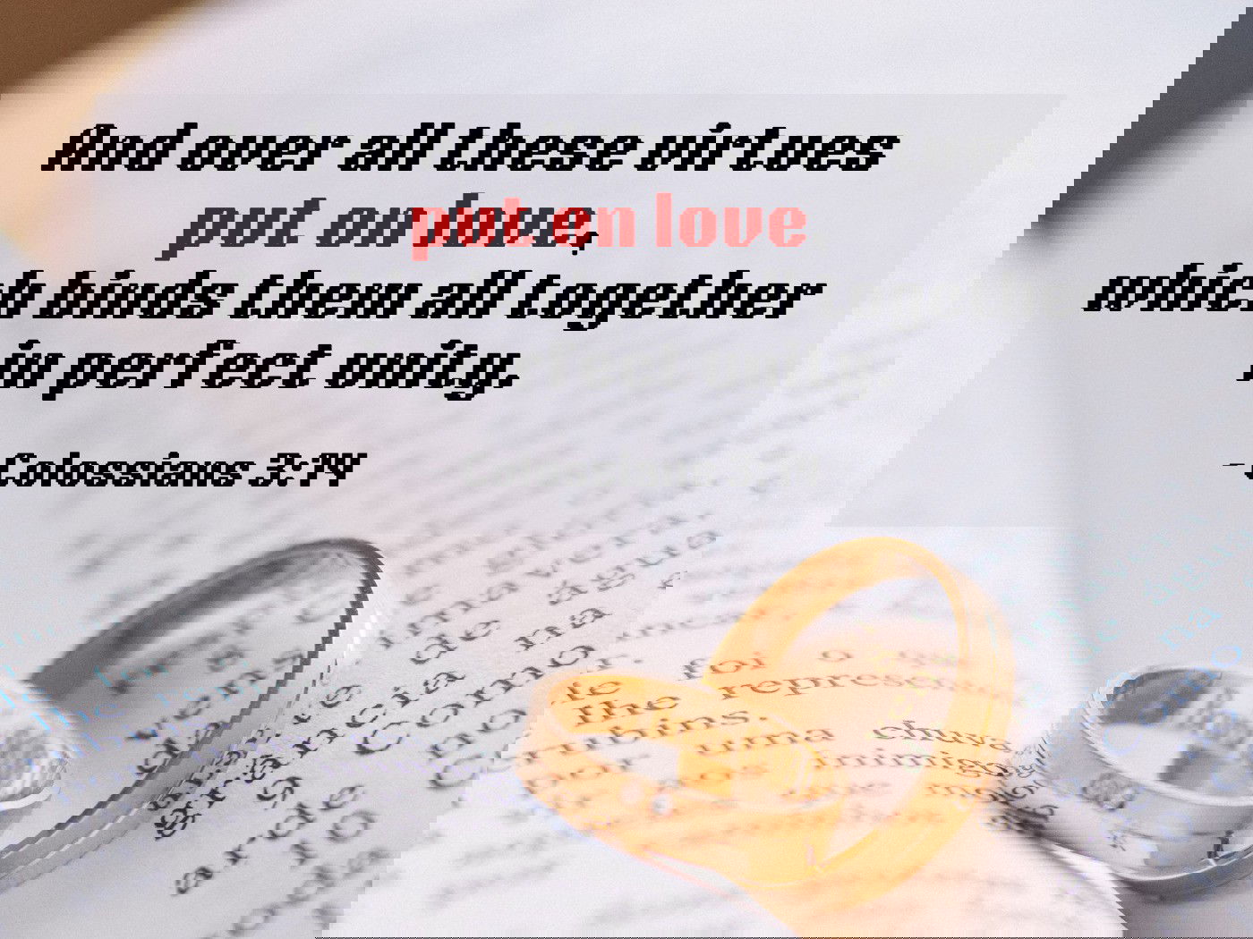 “And over all these virtues put on love, which binds them all together in perfect unity." (Colossians 3:14)