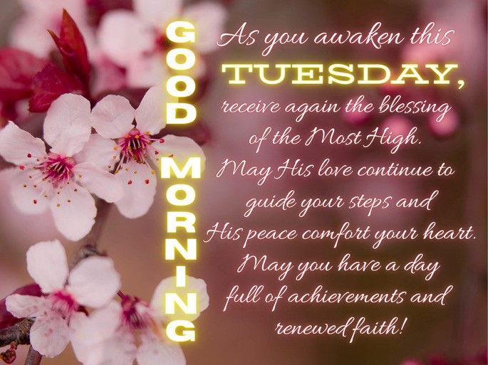 As you awaken this Tuesday, receive again the blessing of the Most High. May His love continue to guide your steps and His peace comfort your heart. May you have a day full of achievements and renewed faith!