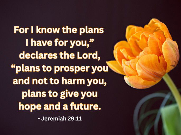 For I know the plans  I have for you,” declares the Lord, “plans to prosper you and not to harm you, plans to give you hope and a future. - Jeremiah 29:11
