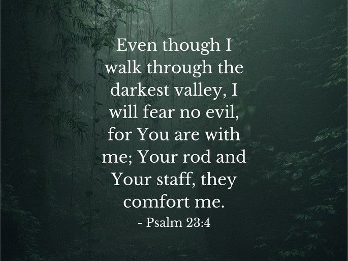 Even though I walk through the darkest valley, I will fear no evil, for You are with me; Your rod and Your staff, they comfort me.- Psalm 23:4