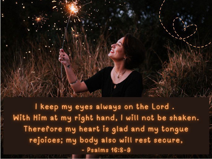 I keep my eyes always on the Lord. With him at my right hand, I will not be shaken. Therefore my heart is glad. and my tongue rejoices; my body also will rest secure, - Psalm 16:8-9