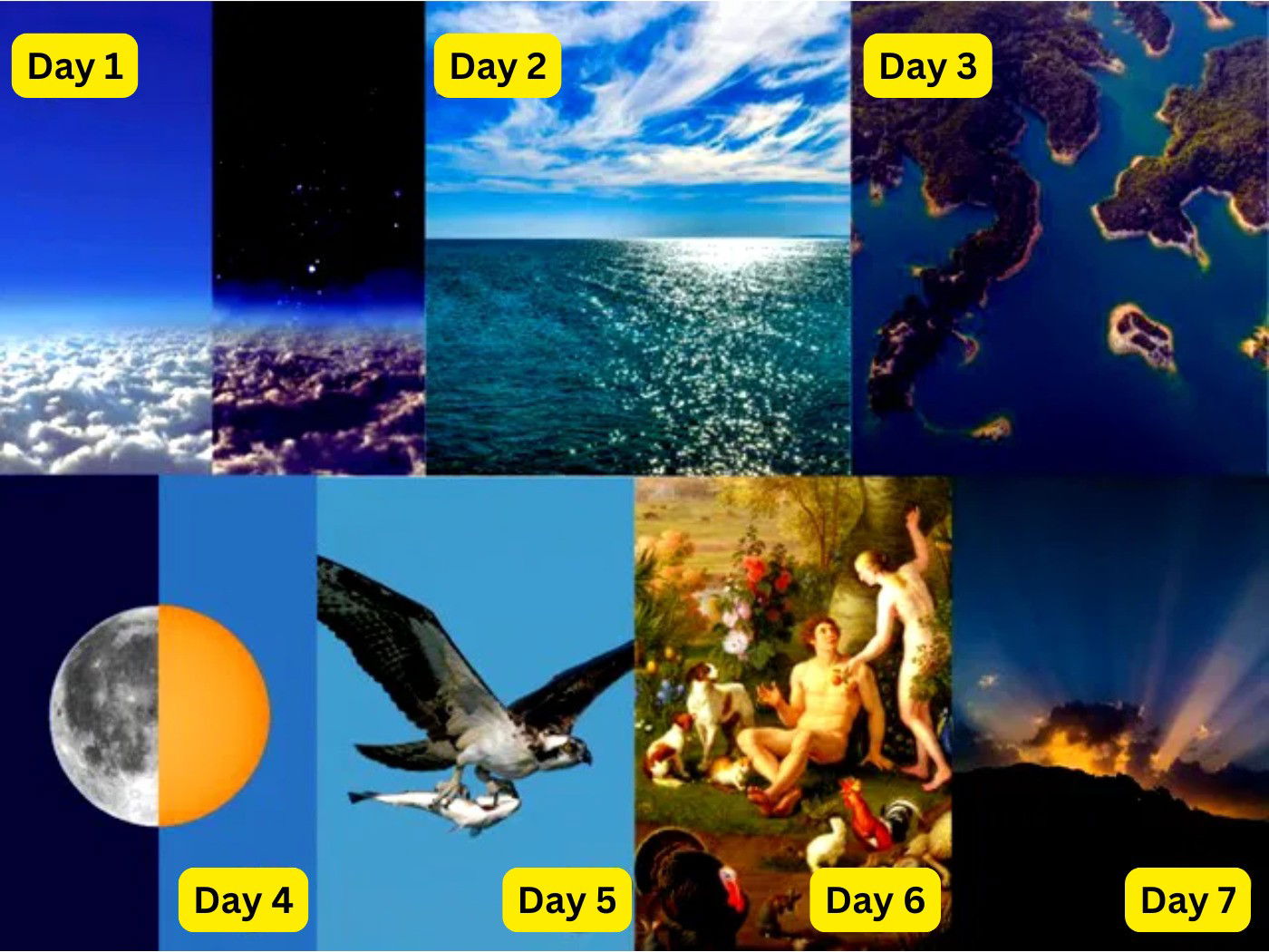 Images representing the creation of the world in 7 days according to the Bible