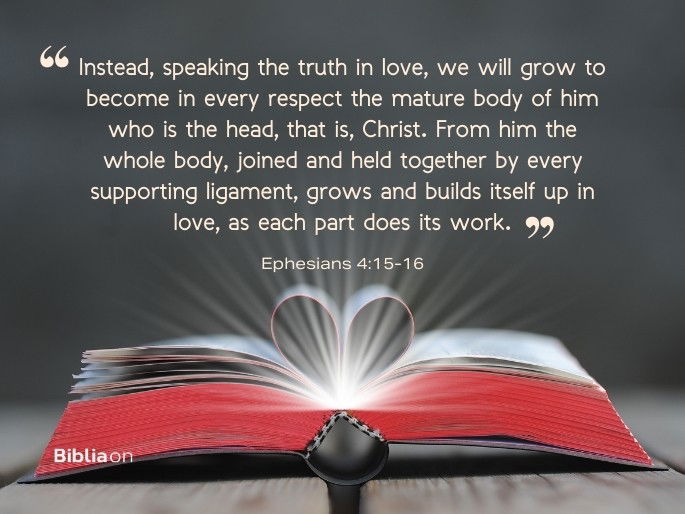 “15 Instead, speaking the truth in love, we will grow to become in every respect the mature body of him who is the head, that is, Christ. 16 From him the whole body, joined and held together by every supporting ligament, grows and builds itself up in love, as each part does its work." Ephesians 4:15-16