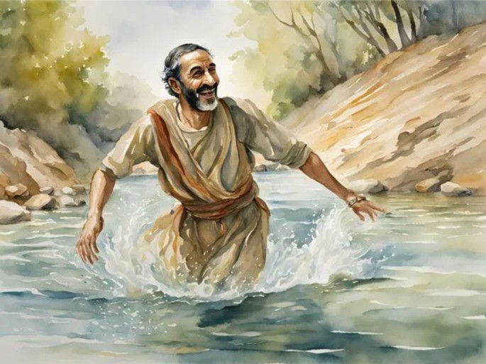Representation of Naaman, healed of leprosy in the Jordan River
