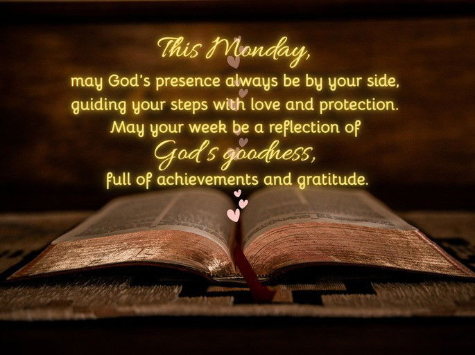 This Monday, may God’s presence always be by your side, guiding your steps with love and protection. May your week be a reflection of God’s goodness, full of achievements and gratitude.