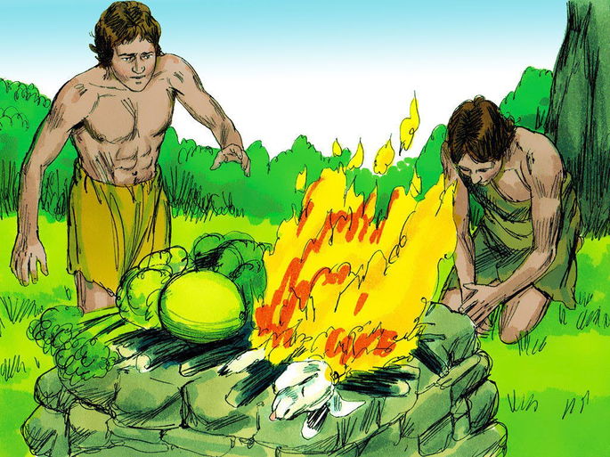 caín y abel llevando sus ofrendas ante Dios