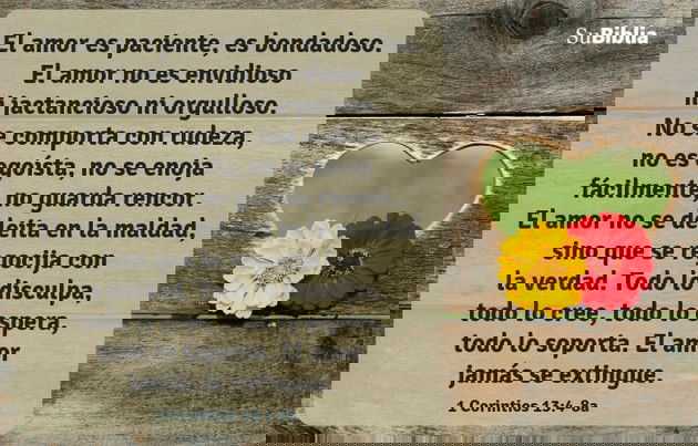 El amor es paciente, es bondadoso. El amor no es envidioso ni jactancioso ni orgulloso. No se comporta con rudeza, no es egoísta, no se enoja fácilmente, no guarda rencor. El amor no se deleita en la maldad, sino que se regocija con la verdad. Todo lo disculpa, todo lo cree, todo lo espera, todo lo soporta. El amor jamás se extingue... (1 Corintios 13:4-8a)