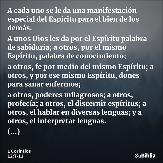 A cada uno se le da una manifestación especial del Espíritu para el bien de los demás. A unos Dios les da por el Espíritu palabra de sabiduría; a otros, por el... --- 1 Corintios 12:7