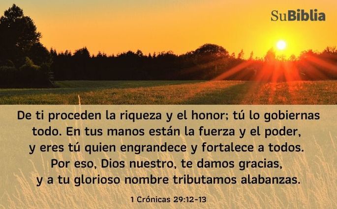 De ti proceden la riqueza y el honor; tú lo gobiernas todo. En tus manos están la fuerza y el poder, y eres tú quien engrandece y fortalece a todos. Por eso, Dios nuestro, te damos gracias, y a tu glorioso nombre tributamos alabanzas. (1 Crónicas 29:12-13)