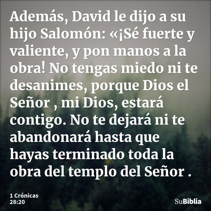 Además, David le dijo a su hijo Salomón: «¡Sé fuerte y valiente, y pon manos a la obra! No tengas miedo ni te desanimes, porque Dios el Señor , mi Dios, estará... --- 1 Crónicas 28:20