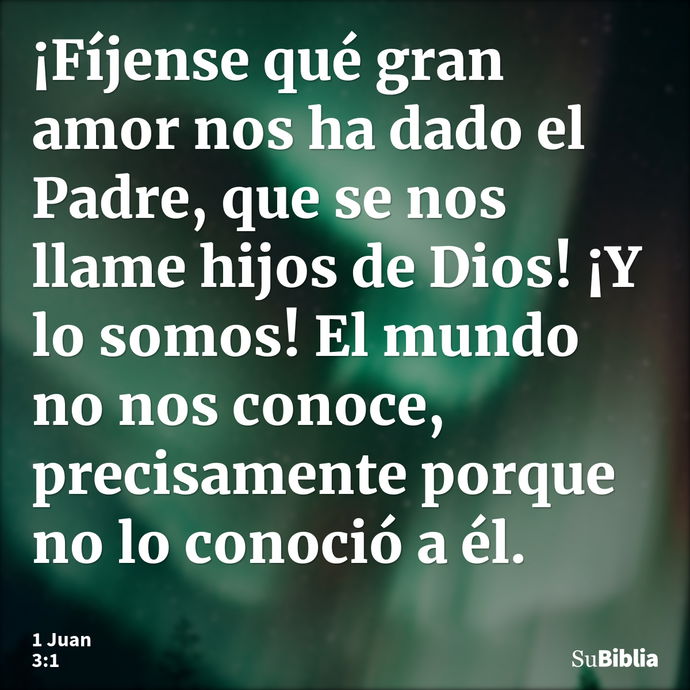 ¡Fíjense qué gran amor nos ha dado el Padre, que se nos llame hijos de Dios! ¡Y lo somos! El mundo no nos conoce, precisamente porque no lo conoció a él. --- 1 Juan 3:1