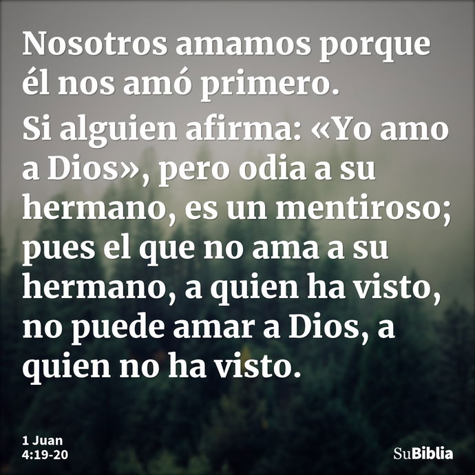 Nosotros amamos porque él nos amó primero. Si alguien afirma: «Yo amo a Dios», pero odia a su hermano, es un mentiroso; pues el que no ama a su hermano, a quien... --- 1 Juan 4:19