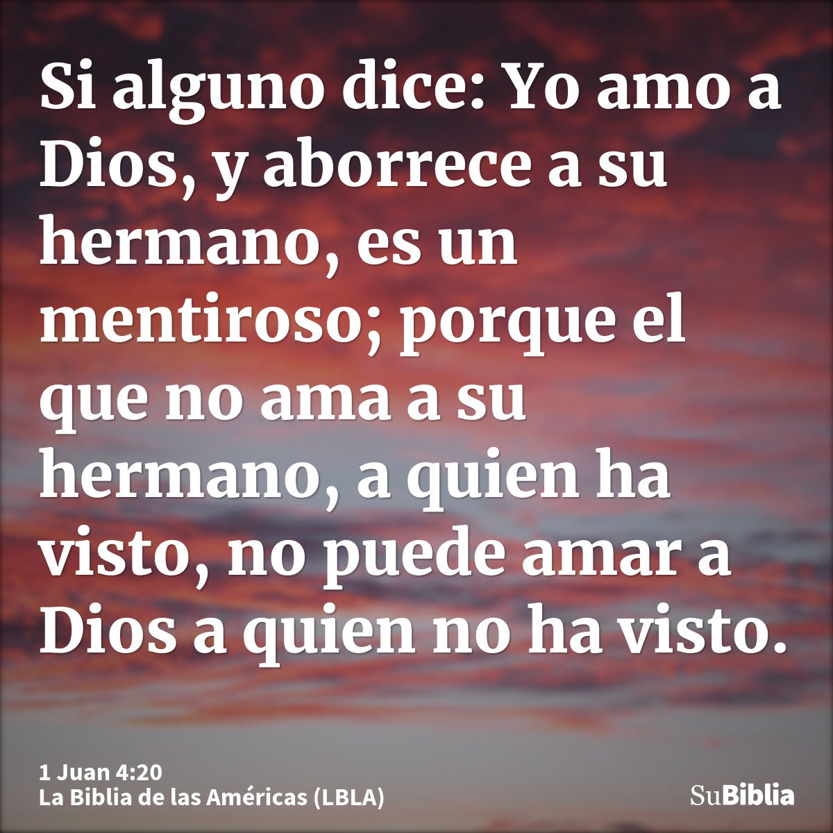 Si alguno dice: Yo amo a Dios, y aborrece a su hermano, es un mentiroso; porque el que no ama a su hermano, a quien ha visto, no puede amar a Dios a quien no ha...