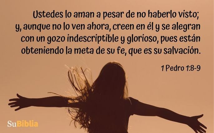 Ustedes lo aman a pesar de no haberlo visto; y, aunque no lo ven ahora, creen en él y se alegran con un gozo indescriptible y glorioso, pues están obteniendo la meta de su fe, que es su salvación. (1 Pedro 1:8-9)