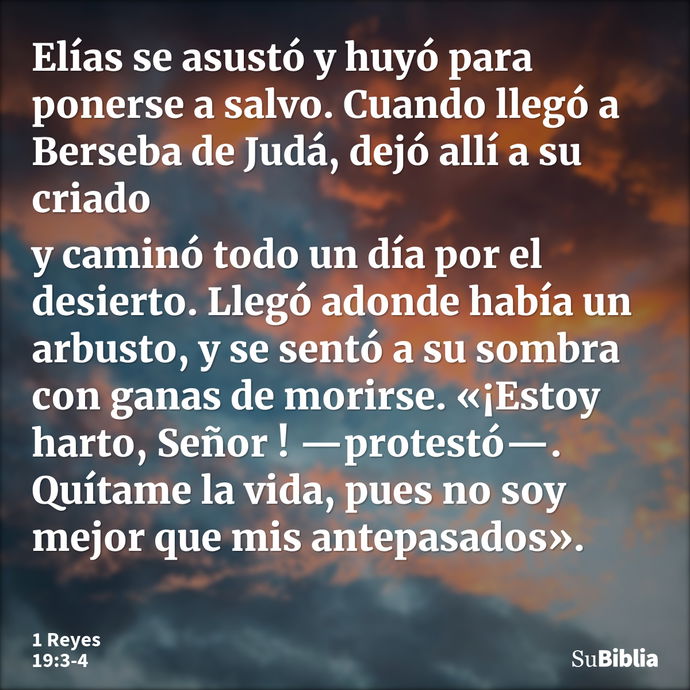 Elías se asustó y huyó para ponerse a salvo. Cuando llegó a Berseba de Judá, dejó allí a su criado y caminó todo un día por el desierto. Llegó adonde había un a... --- 1 Reyes 19:3