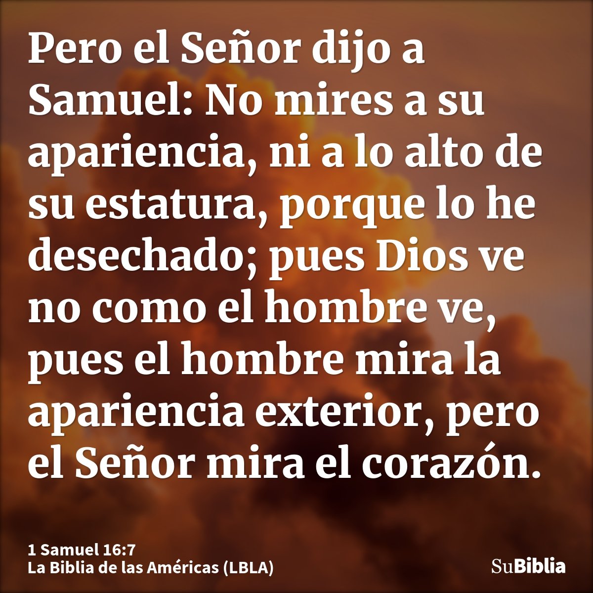 Pero el Señor dijo a Samuel: No mires a su apariencia, ni a lo alto de su estatura, porque lo he desechado; pues Dios ve no como el hombre ve, pues el hombre mi...