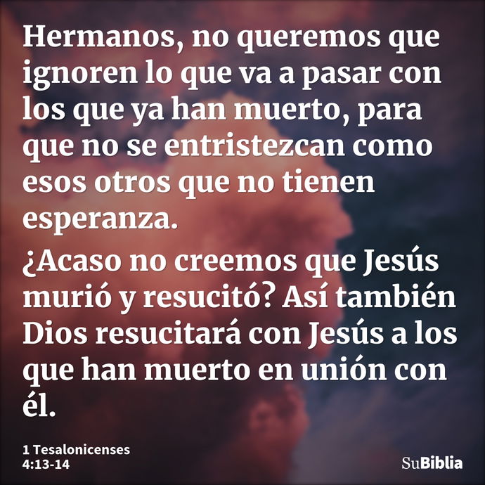 Hermanos, no queremos que ignoren lo que va a pasar con los que ya han muerto, para que no se entristezcan como esos otros que no tienen esperanza. ¿Acaso no cr... --- 1 Tesalonicenses 4:13