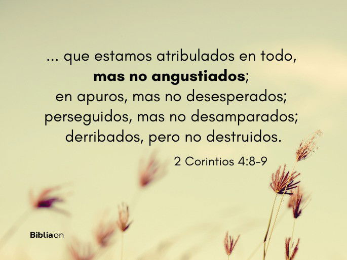 que estamos atribulados en todo, mas no angustiados; en apuros, mas no desesperados; perseguidos, mas no desamparados; derribados, pero no destruidos. (2 Corintios 4:8-9)