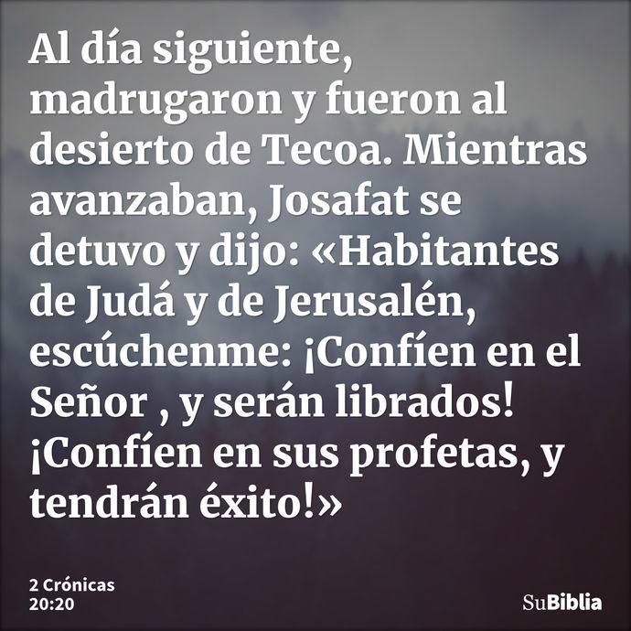 Al día siguiente, madrugaron y fueron al desierto de Tecoa. Mientras avanzaban, Josafat se detuvo y dijo: «Habitantes de Judá y de Jerusalén, escúchenme: ¡Confí... --- 2 Crónicas 20:20