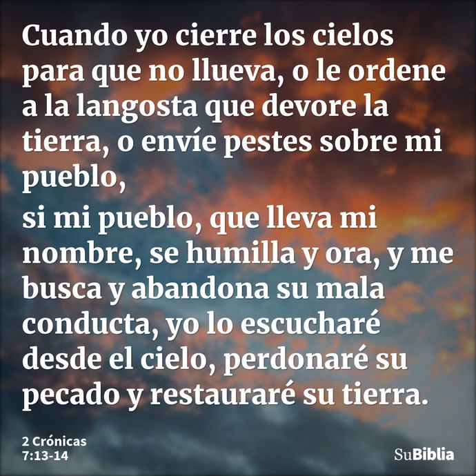 Cuando yo cierre los cielos para que no llueva, o le ordene a la langosta que devore la tierra, o envíe pestes sobre mi pueblo, si mi pueblo, que lleva mi nombr... --- 2 Crónicas 7:13