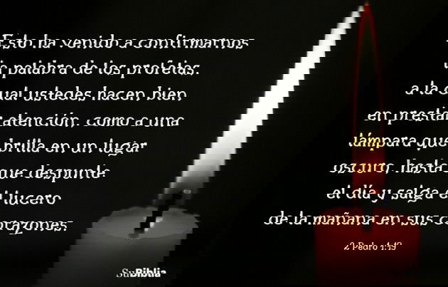 Esto ha venido a confirmarnos la palabra de los profetas, a la cual ustedes hacen bien en prestar atención, como a una lámpara que brilla en un lugar oscuro, hasta que despunte el día y salga el lucero de la mañana en sus corazones. (2 Pedro 1:19)