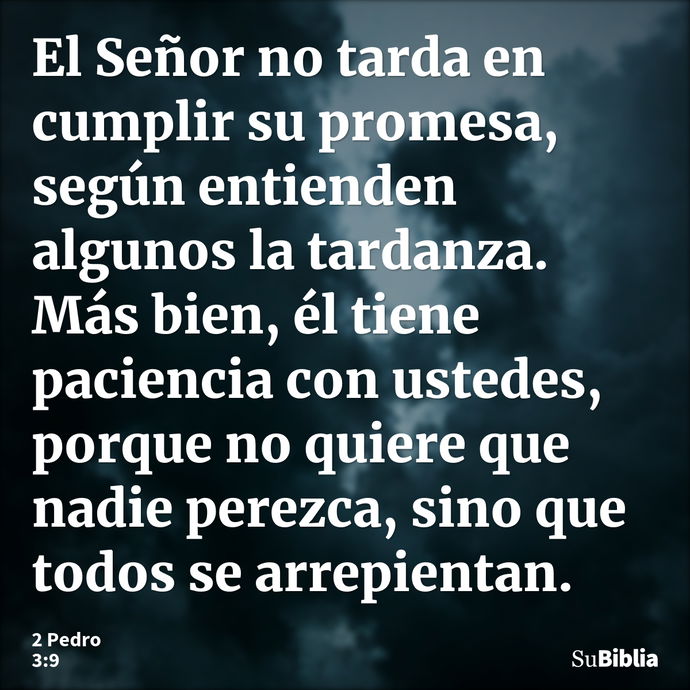 El Señor no tarda en cumplir su promesa, según entienden algunos la tardanza. Más bien, él tiene paciencia con ustedes, porque no quiere que nadie perezca, sino... --- 2 Pedro 3:9