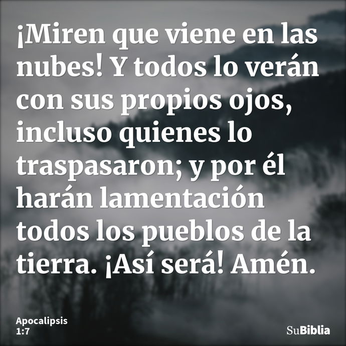 ¡Miren que viene en las nubes! Y todos lo verán con sus propios ojos, incluso quienes lo traspasaron; y por él harán lamentación todos los pueblos de la tierra... --- Apocalipsis 1:7