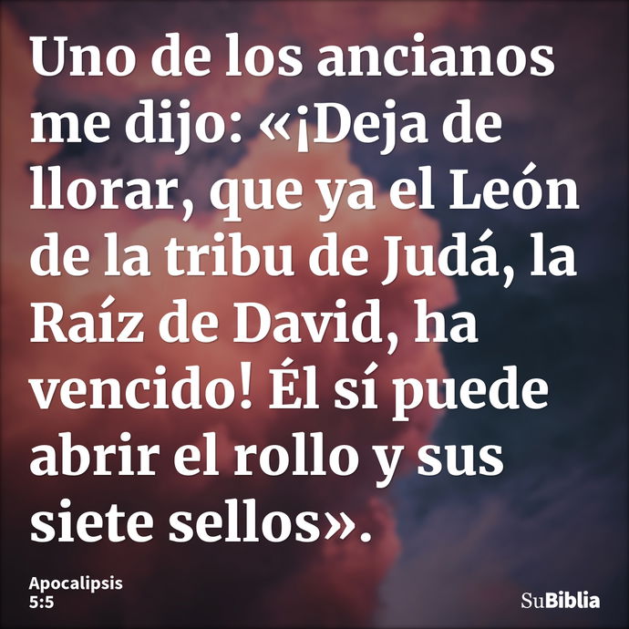 Uno de los ancianos me dijo: «¡Deja de llorar, que ya el León de la tribu de Judá, la Raíz de David, ha vencido! Él sí puede abrir el rollo y sus siete sellos»... --- Apocalipsis 5:5