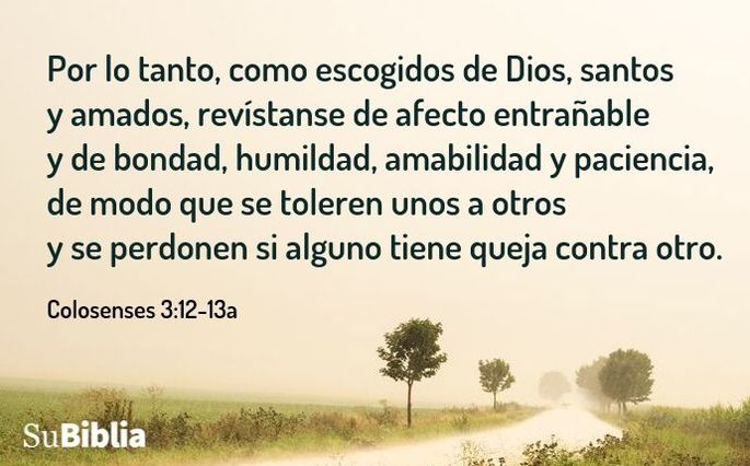 Por lo tanto, como escogidos de Dios, santos y amados, revístanse de afecto entrañable y de bondad, humildad, amabilidad y paciencia, de modo que se toleren unos a otros y se perdonen si alguno tiene queja contra otro. (Colosenses 3:12-13a)