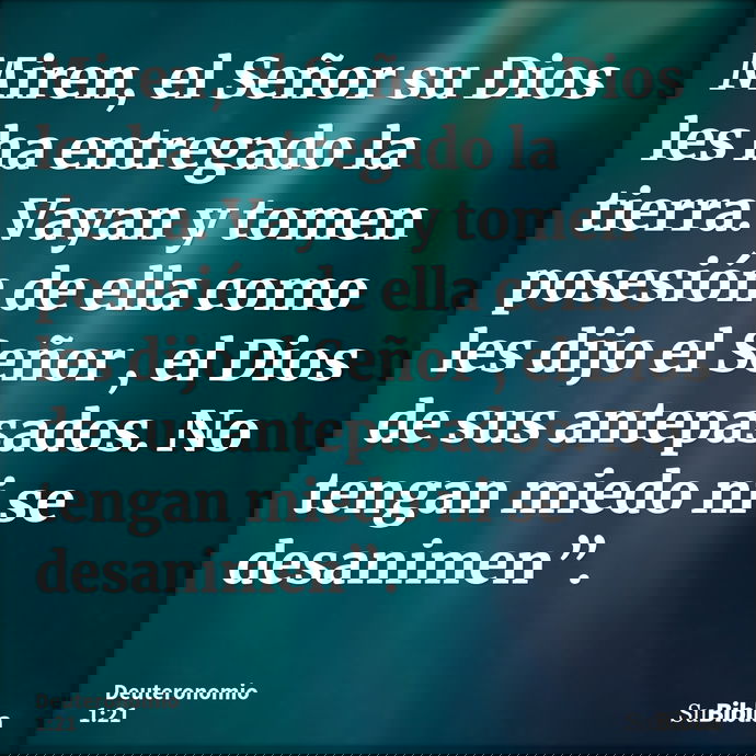 Miren, el Señor su Dios les ha entregado la tierra. Vayan y tomen posesión de ella como les dijo el Señor , el Dios de sus antepasados. No tengan miedo ni se de... --- Deuteronomio 1:21