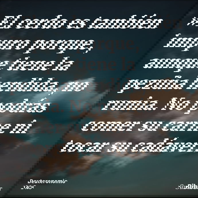 »El cerdo es también impuro porque, aunque tiene la pezuña hendida, no rumia. No podrás comer su carne ni tocar su cadáver. --- Deuteronomio 14:8
