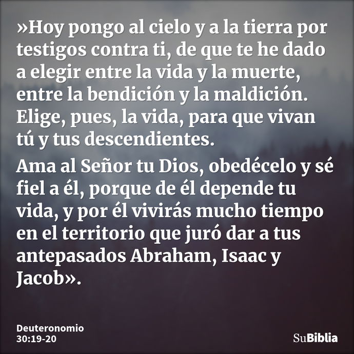 »Hoy pongo al cielo y a la tierra por testigos contra ti, de que te he dado a elegir entre la vida y la muerte, entre la bendición y la maldición. Elige, pues,... --- Deuteronomio 30:19