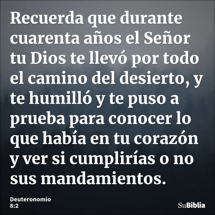 Recuerda que durante cuarenta años el Señor tu Dios te llevó por todo el camino del desierto, y te humilló y te puso a prueba para conocer lo que había en tu co... --- Deuteronomio 8:2