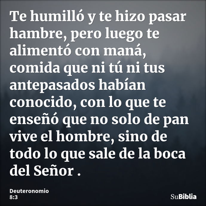 Te humilló y te hizo pasar hambre, pero luego te alimentó con maná, comida que ni tú ni tus antepasados habían conocido, con lo que te enseñó que no solo de pan... --- Deuteronomio 8:3