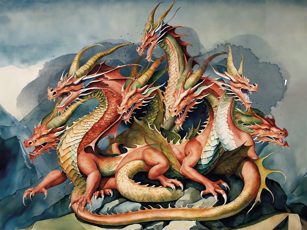 Imagen del dragón con siete cabezas, tal como lo describe la Biblia.