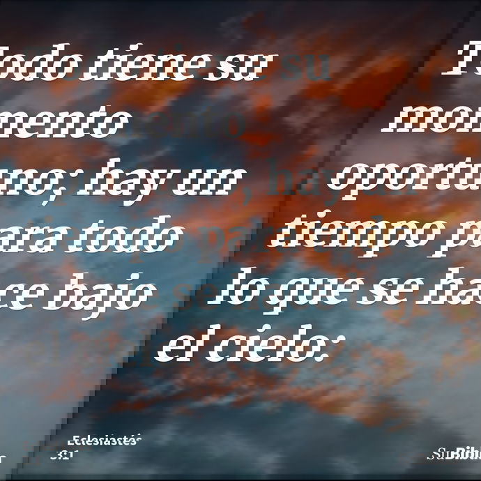 Todo tiene su momento oportuno; hay un tiempo para todo lo que se hace bajo el cielo: --- Eclesiastés 3:1