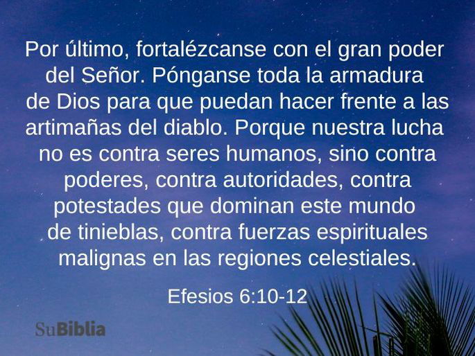 Por último, fortalézcanse con el gran poder del Señor. Pónganse toda la armadura de Dios para que puedan hacer frente a las artimañas del diablo. Porque nuestra lucha no es contra seres humanos, sino contra poderes, contra autoridades, contra potestades que dominan este mundo de tinieblas, contra fuerzas espirituales malignas en las regiones celestiales. (Efesios 6:10-12)