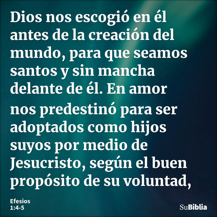 Dios nos escogió en él antes de la creación del mundo, para que seamos santos y sin mancha delante de él. En amor nos predestinó para ser adoptados como hijos s... --- Efesios 1:4