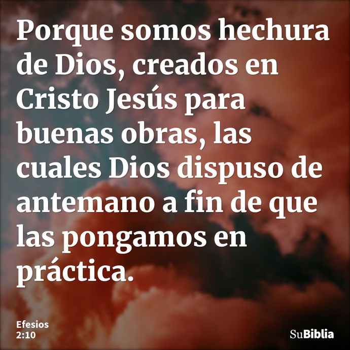 Porque somos hechura de Dios, creados en Cristo Jesús para buenas obras, las cuales Dios dispuso de antemano a fin de que las pongamos en práctica. --- Efesios 2:10