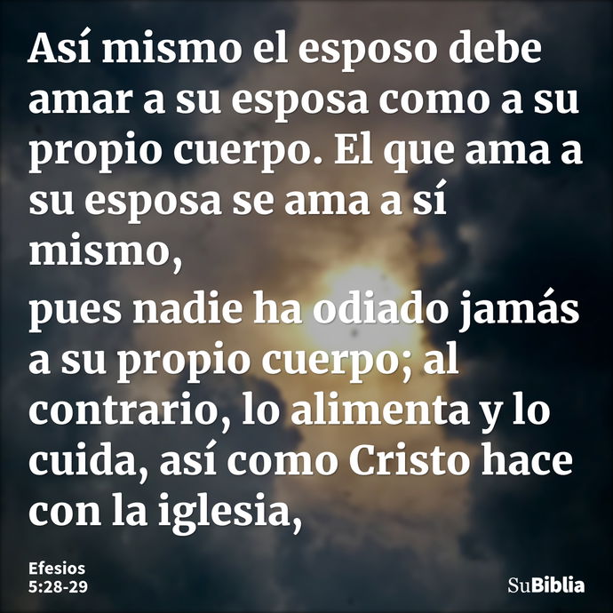 Así mismo el esposo debe amar a su esposa como a su propio cuerpo. El que ama a su esposa se ama a sí mismo, pues nadie ha odiado jamás a su propio cuerpo; al c... --- Efesios 5:28