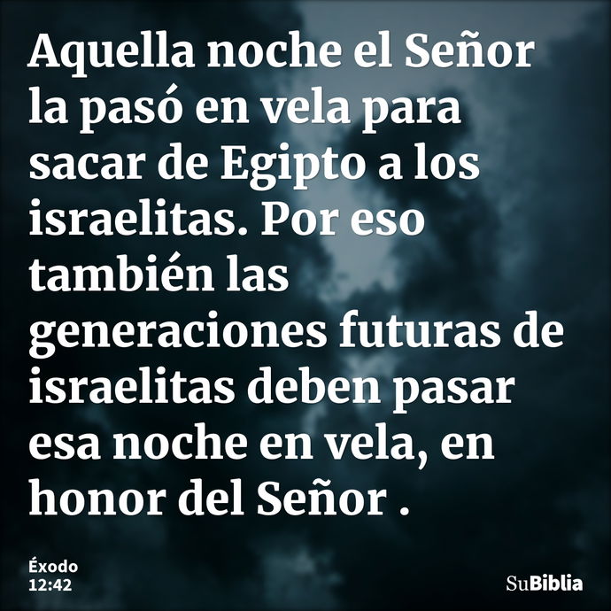 Aquella noche el Señor la pasó en vela para sacar de Egipto a los israelitas. Por eso también las generaciones futuras de israelitas deben pasar esa noche en ve... --- Éxodo 12:42