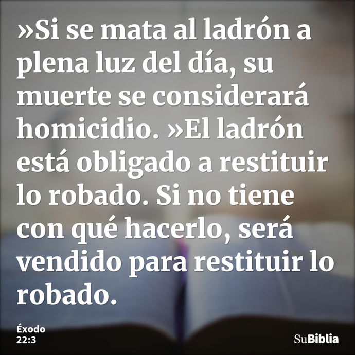 »Si se mata al ladrón a plena luz del día, su muerte se considerará homicidio. »El ladrón está obligado a restituir lo robado. Si no tiene con qué hacerlo, será... --- Éxodo 22:3