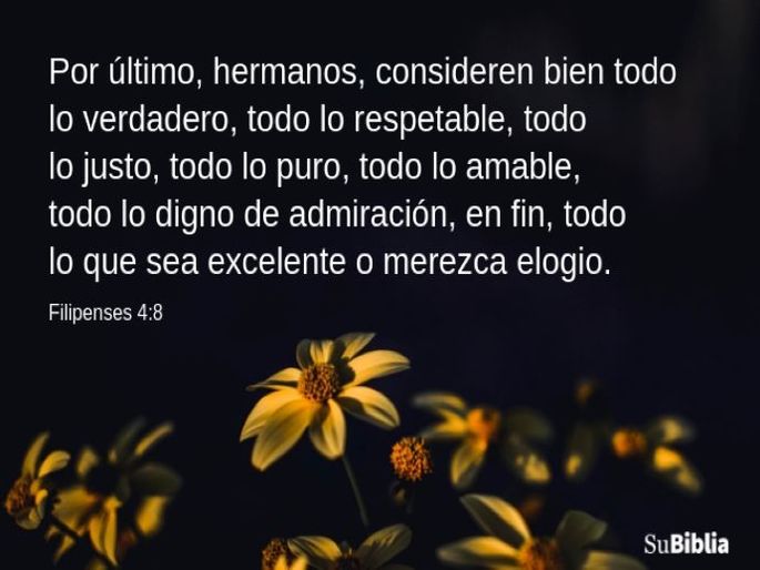 Por último, hermanos, consideren bien todo lo verdadero, todo lo respetable, todo lo justo, todo lo puro, todo lo amable, todo lo digno de admiración, en fin, todo lo que sea excelente o merezca elogio. (Filipenses 4:8)