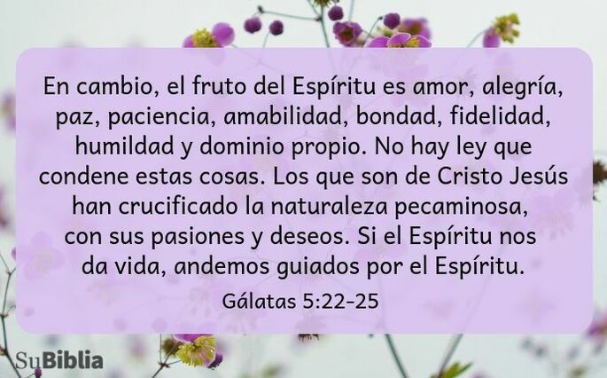 En cambio, el fruto del Espíritu es amor, alegría, paz, paciencia, amabilidad, bondad, fidelidad,  humildad y dominio propio. No hay ley que condene estas cosas.  Los que son de Cristo Jesús han crucificado la carne con sus pasiones y deseos.  Si el Espíritu nos da vida, andemos guiados por el Espíritu. (Gálatas 5:22-25)