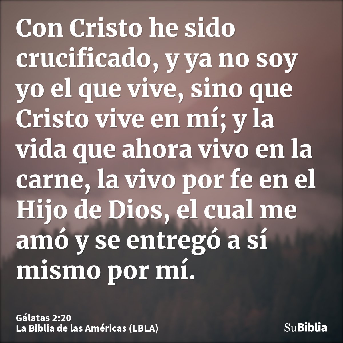 Con Cristo he sido crucificado, y ya no soy yo el que vive, sino que Cristo vive en mí; y la vida que ahora vivo en la carne, la vivo por fe en el Hijo de Dios,...