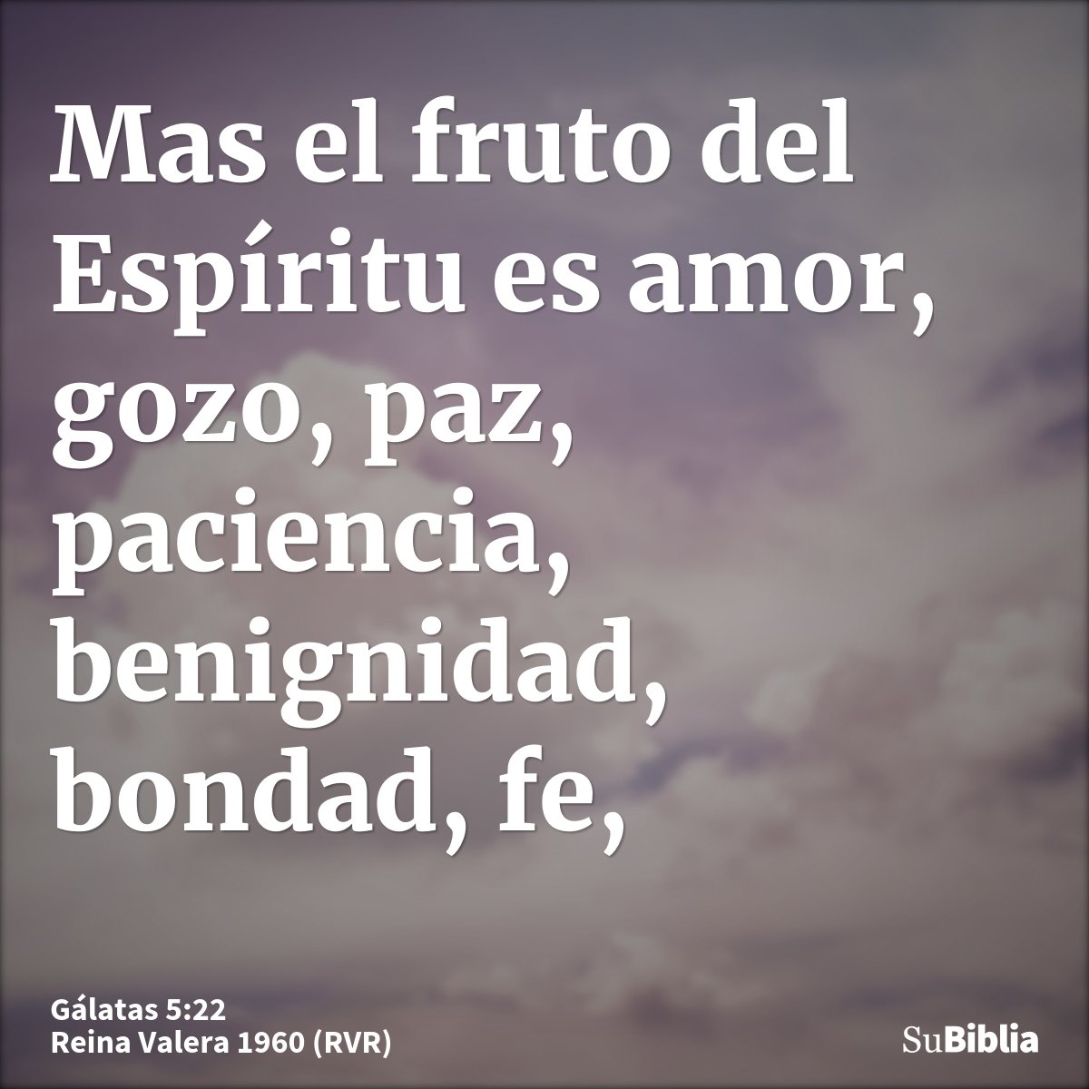 Mas el fruto del Espíritu es amor, gozo, paz, paciencia, benignidad, bondad, fe,