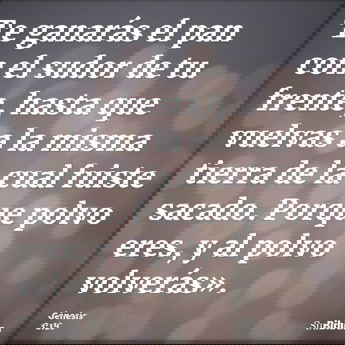 Te ganarás el pan con el sudor de tu frente, hasta que vuelvas a la misma tierra de la cual fuiste sacado. Porque polvo eres, y al polvo volverás». --- Génesis 3:19