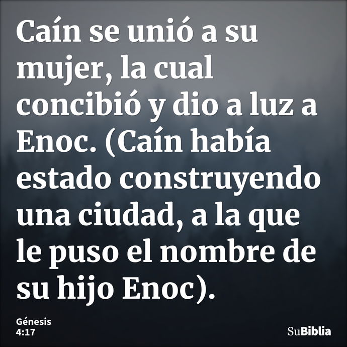 Caín se unió a su mujer, la cual concibió y dio a luz a Enoc. (Caín había estado construyendo una ciudad, a la que le puso el nombre de su hijo Enoc). --- Génesis 4:17