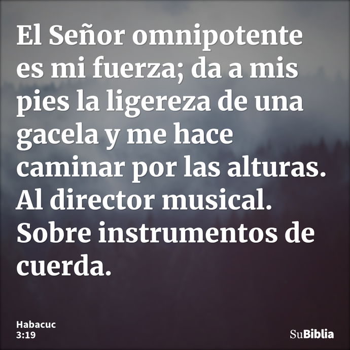 El Señor omnipotente es mi fuerza; da a mis pies la ligereza de una gacela y me hace caminar por las alturas. Al director musical. Sobre instrumentos de cuerda... --- Habacuc 3:19